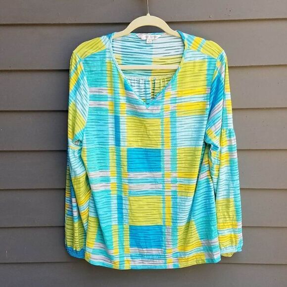 Erin London Blue/Lime/White Sheer Balloon Sleeve Blouse size Large - Picture 1 of 9